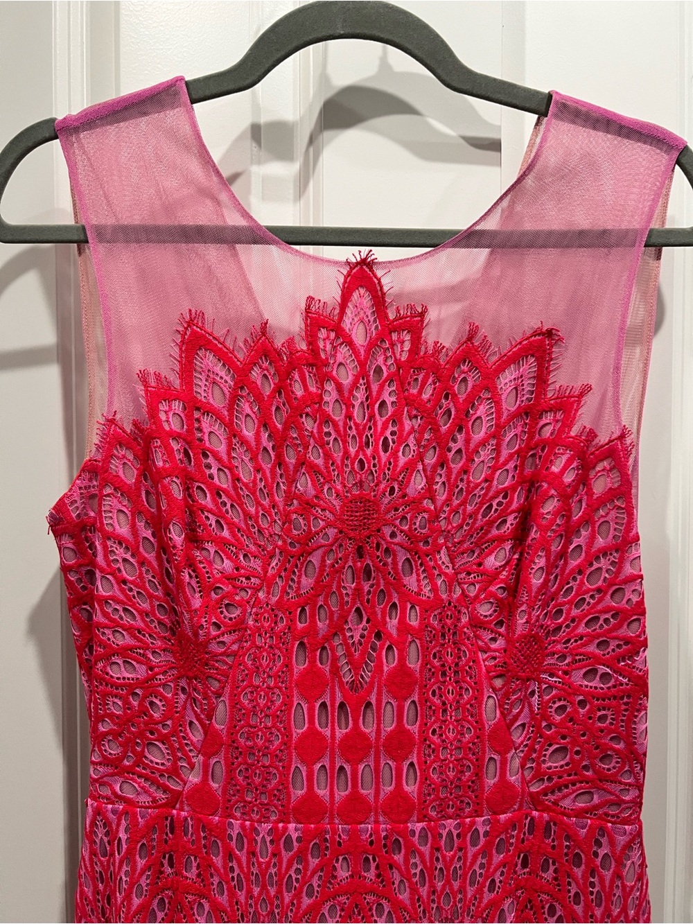 BCBGMaxAzria Pink Sheer Chemise with Red Lace Motif